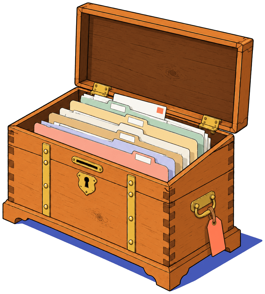 An open wooden kist holding six coloured folders. The water bill has just been filed in the Home folder.