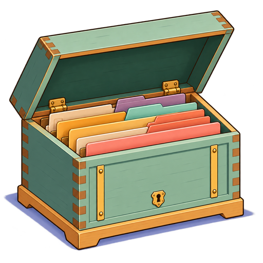 A mint wooden kist holding colourful paperwork folders